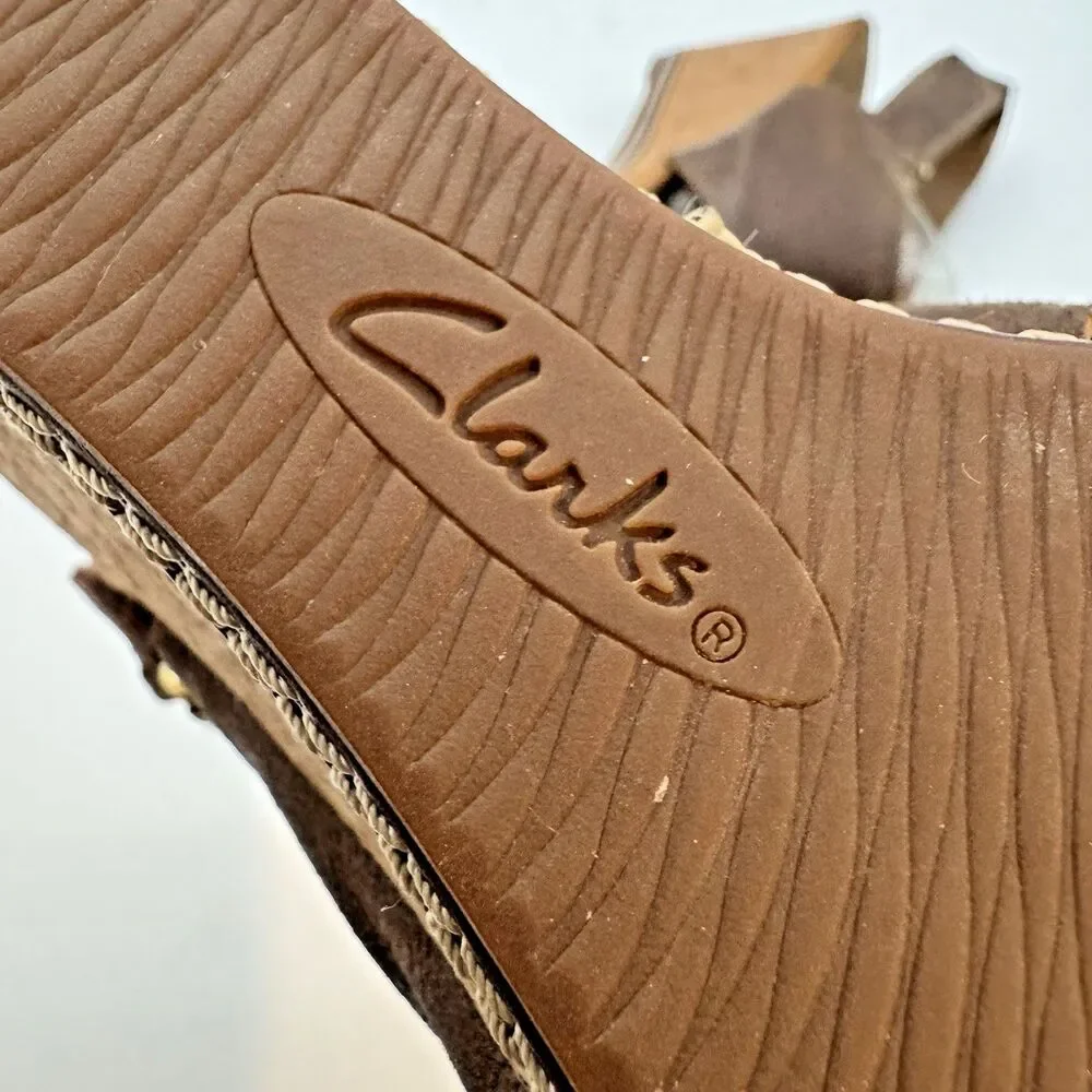 Clarks Helio Float Wedge Sandal Women’s 9.5M Brown Hook & Loop Leather Slingback